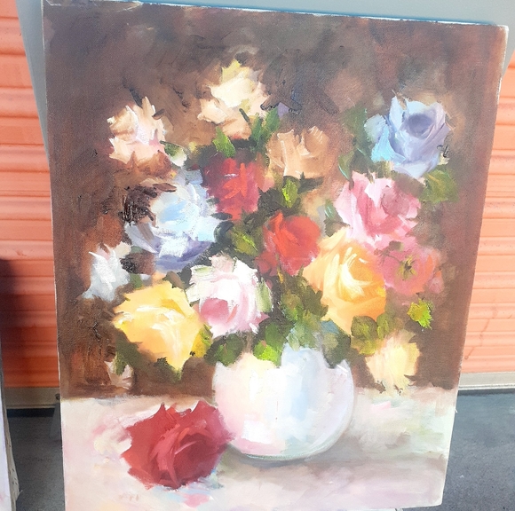 Orig Pink RED Blue Roses Floral Oil Painting ART 16x20 Romantic Lavende… - Picture 8 of 9